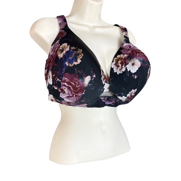 Cacique Black Purple Floral Lightly Lined Plunge Bra Women's Size 46DD - Picture 4 of 15